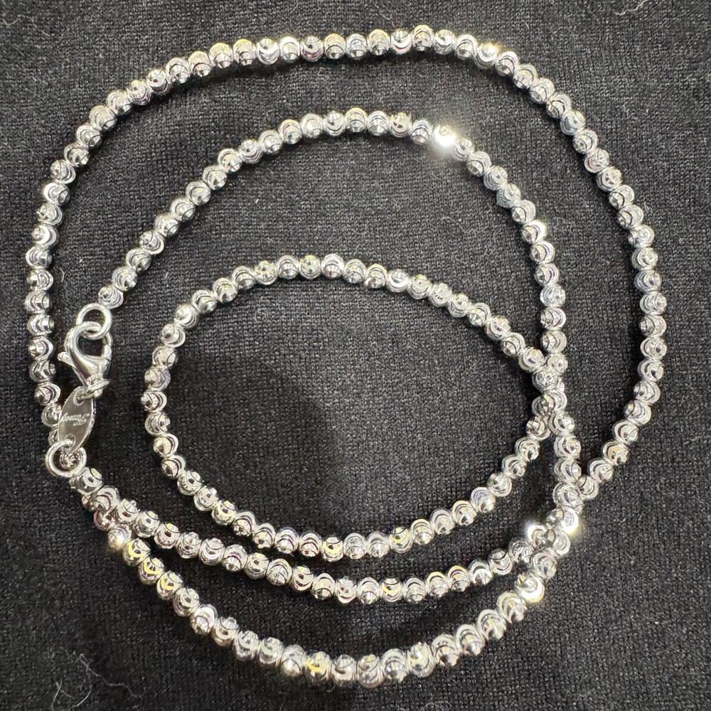 18K Solid White Gold Diamond Cut Beaded Necklace - 18 Inches